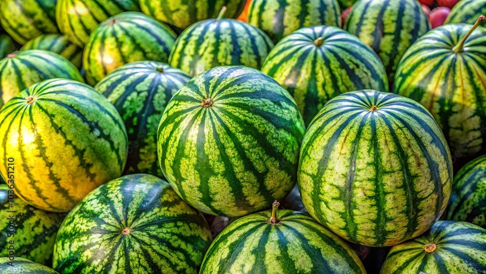 A vibrant display of striped watermelons, each a canvas of nature's artistry, showcasing the refreshing summer fruit in its natural beauty. A vibrant display of striped watermelons, each a canvas of nature's artistry, showcasing the refreshing summer fruit in its natural beauty.