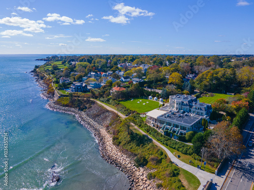 Vászonkép Historic Mansions aerial view on Cliff Walk near Easton Beach in fall in city of Newport, Rhode Island RI, USA