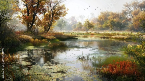 Misty Autumn Landscape with a Serene Pond