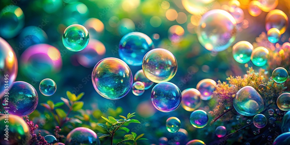 A symphony of iridescent bubbles, dancing among the verdant foliage, reflecting the soft glow of the setting sun A symphony of iridescent bubbles, dancing among the verdant foliage, reflecting the soft glow of the setting sun