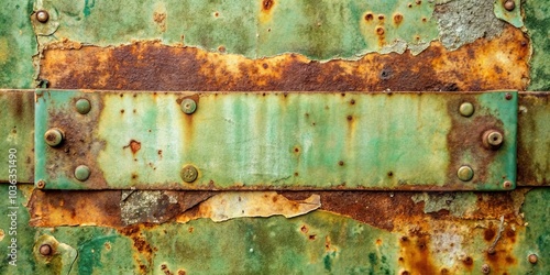 A weathered metal surface with peeling paint, revealing rust and revealing a smooth, green metal panel beneath