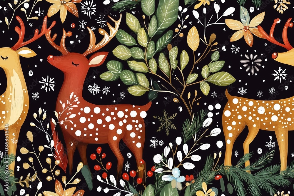 Obraz premium Christmas Reindeer Pattern with Floral Elements