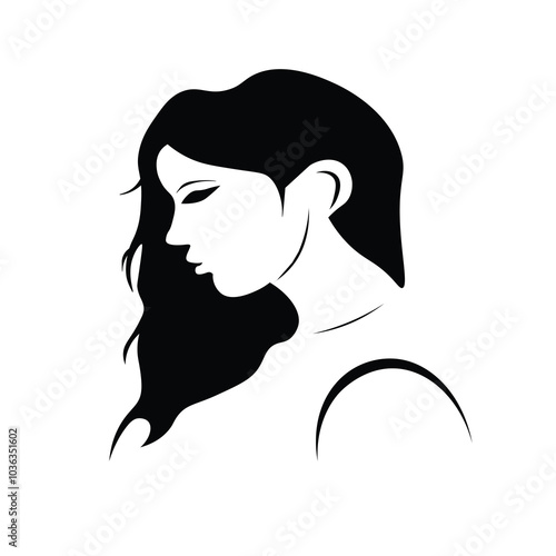 Vector silhouette of woman face isolated on white background,long hair