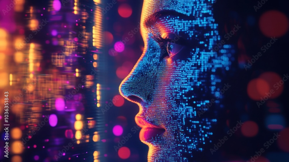 Digital pixel human face illustration, with futuristic data flow background Digital pixel human face illustration, with futuristic data flow background