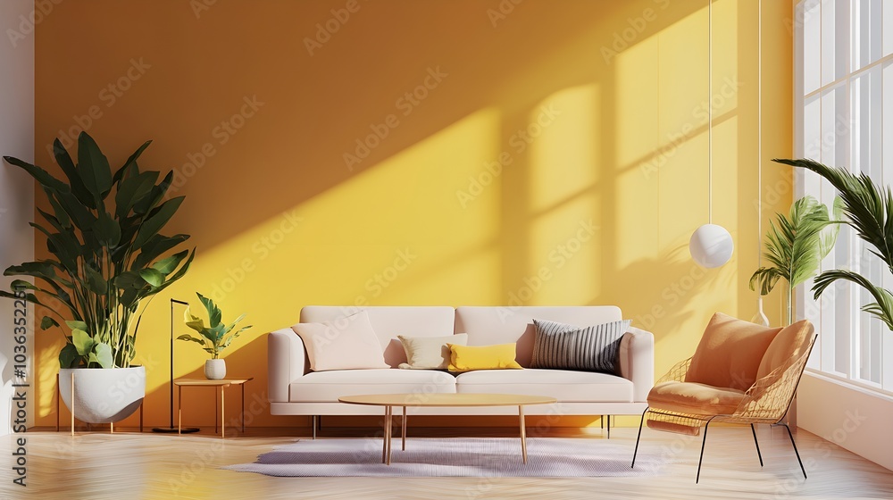Modern Living Room Interior Design with Yellow Wall White Sofa and Natural Light Modern Living Room Interior Design with Yellow Wall White Sofa and Natural Light