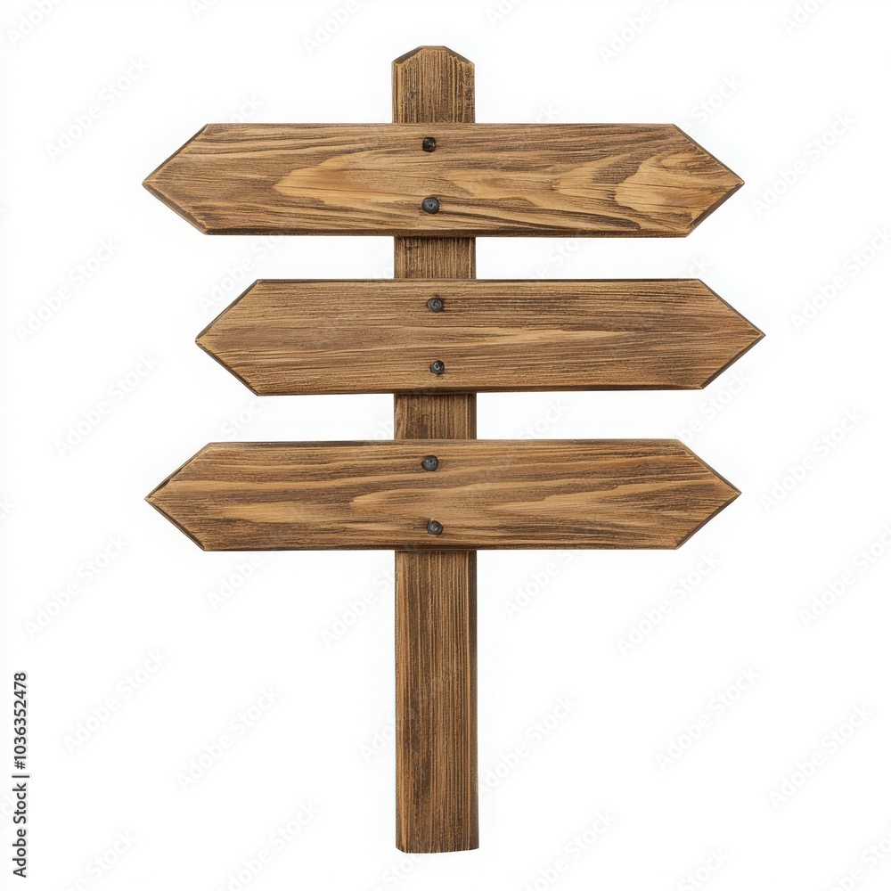 Wooden signpost with three blank arrows for customizable directions. Wooden signpost with three blank arrows for customizable directions.