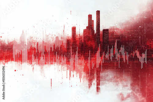 A city skyline with red and white buildings and red lines