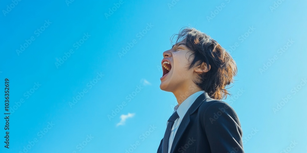 A determined student in a school blazer shouting with encouragement, standing on a rooftop under a clear blue sky. A determined student in a school blazer shouting with encouragement, standing on a rooftop under a clear blue sky.