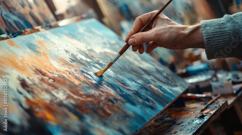 A hand painting a colorful landscape on canvas, showcasing artistic creativity and expression.