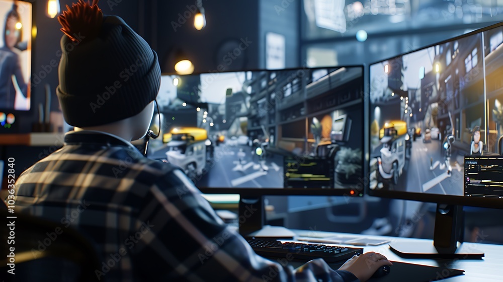 A person using multiple monitors for gaming or simulation in a modern workspace. A person using multiple monitors for gaming or simulation in a modern workspace.