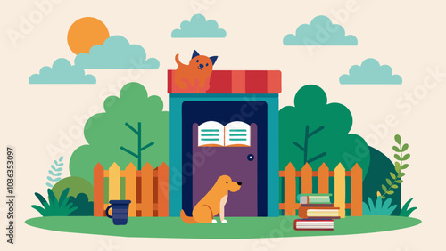 Positioned at the entrance of a dog park a book exchange box is a convenient spot for dog owners to exchange reading material while their furry friends play.. Vector illustration