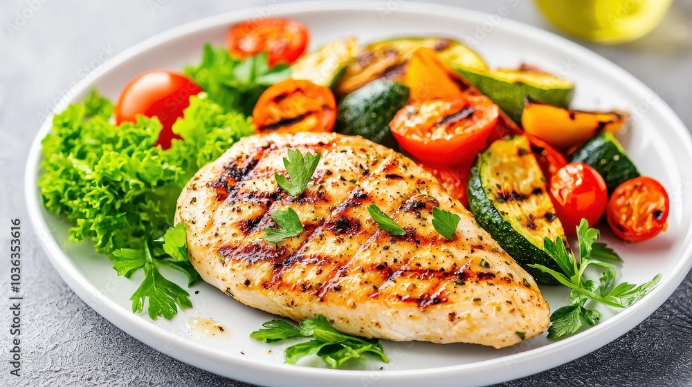 A vibrant plate featuring grilled chicken breast, colorful roasted vegetables, and fresh greens, perfect for a healthy meal. A vibrant plate featuring grilled chicken breast, colorful roasted vegetables, and fresh greens, perfect for a healthy meal.
