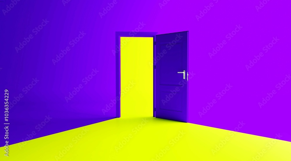 Open the door. Symbol of new career, opportunities, business ventures and initiative. Business concept. 3d render, green light inside open door isolated on purple background. Modern minimal concept. Open the door. Symbol of new career, opportunities, business ventures and initiative. Business concept. 3d render, green light inside open door isolated on purple background. Modern minimal concept.