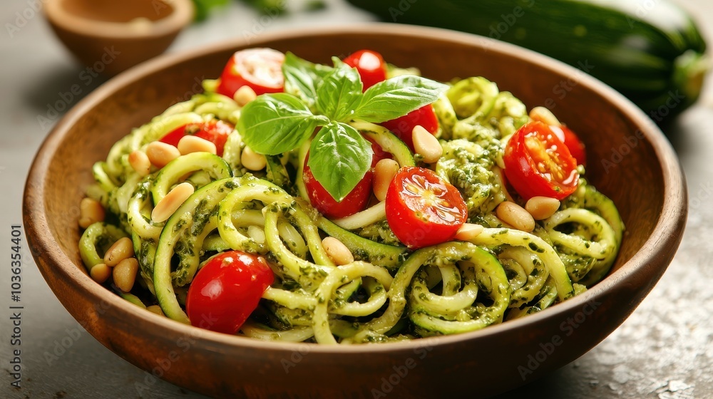 A vibrant bowl of zucchini noodles topped with pesto, cherry tomatoes, pine nuts, and fresh basil, showcasing a healthy and colorful meal option. A vibrant bowl of zucchini noodles topped with pesto, cherry tomatoes, pine nuts, and fresh basil, showcasing a healthy and colorful meal option.