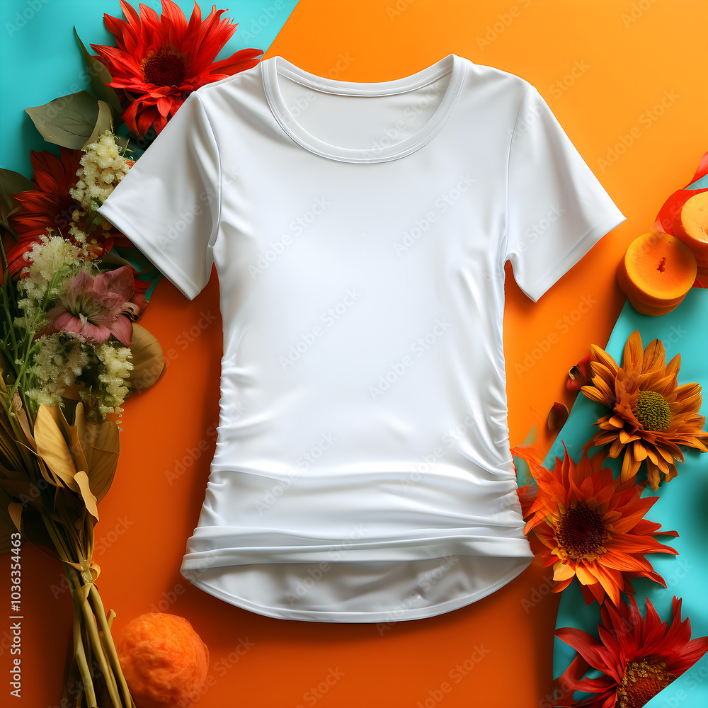 White T-shirt mock up colorful background with flowers and tropical plants Spring White T-shirt mock up colorful background with flowers and tropical plants Spring