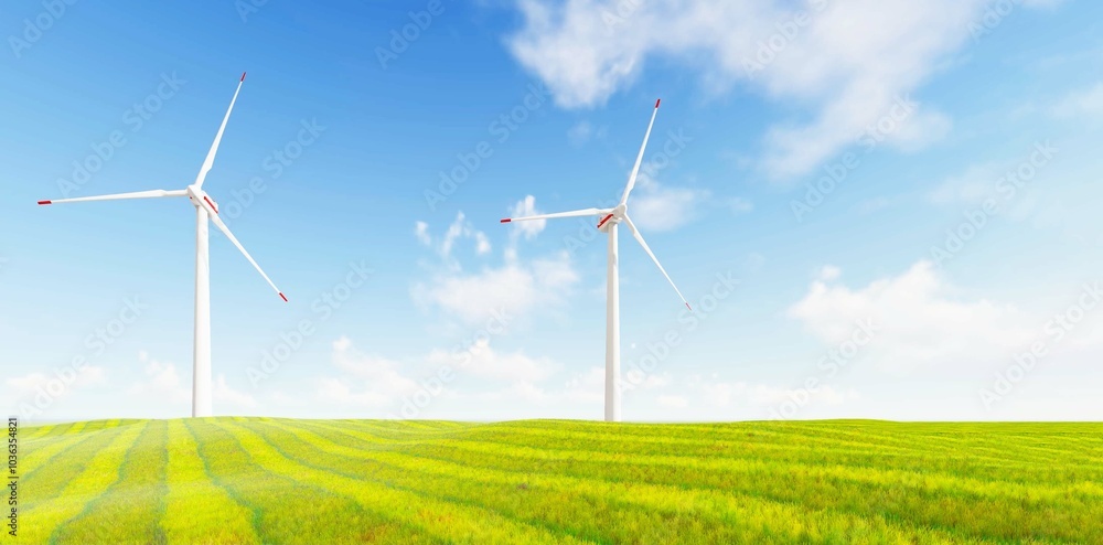 Windmill park. Offshore wind turbines farm on the ocean. Sustainable energy production. Green Energy, clean power, clean energy concept. Windmill park. Offshore wind turbines farm on the ocean. Sustainable energy production. Green Energy, clean power, clean energy concept.