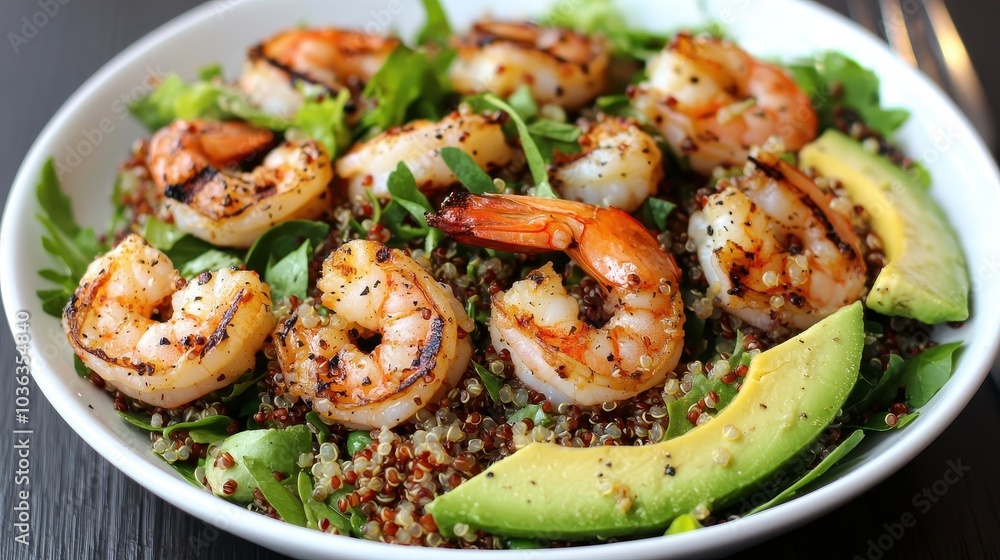 A vibrant bowl of quinoa topped with succulent grilled shrimp, fresh greens, and sliced avocado, creating a healthy, flavorful meal. A vibrant bowl of quinoa topped with succulent grilled shrimp, fresh greens, and sliced avocado, creating a healthy, flavorful meal.