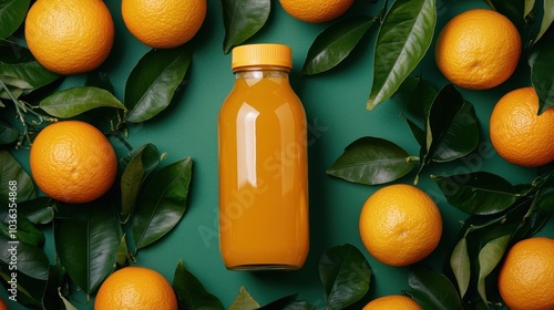 A vibrant display of oranges surrounding a bottle of orange juice on a green background, showcasing freshness and health.