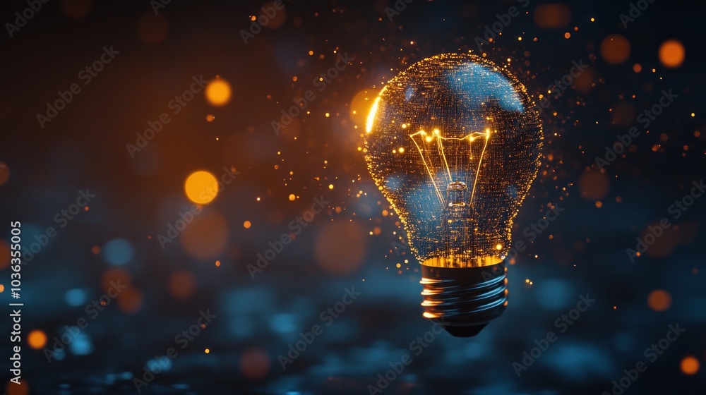 Illustration of a light bulb consisting of digital pixels on a dark background, Illustration of a light bulb consisting of digital pixels on a dark background,