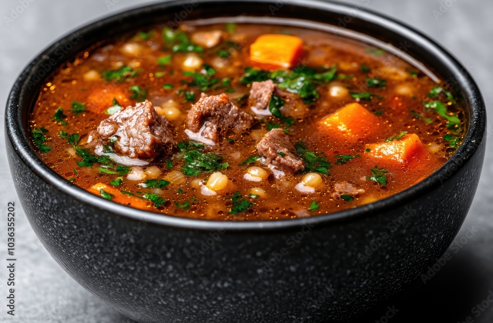 Hearty beef and vegetable stew in a black bowl Hearty beef and vegetable stew in a black bowl