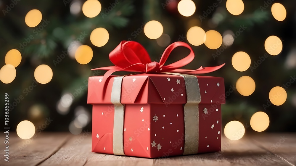 Red Gift Box with Christmas Bokeh Background for Festive Holiday Decor Red Gift Box with Christmas Bokeh Background for Festive Holiday Decor