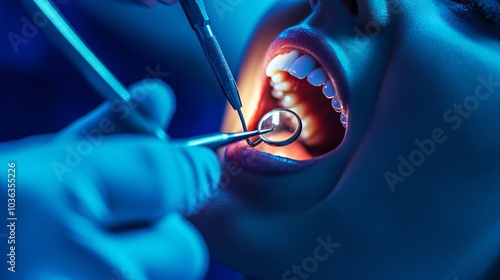 2408 14.An image of a dentist using dental tools to fill a tooth with a composite material, the cavity being restored with the help of a curing light. The rubber dam around the tooth ensures the photo