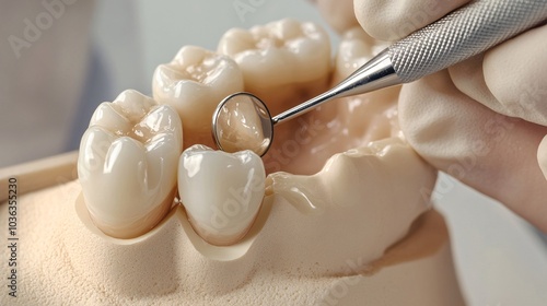 2408 14.An image of a dentist using dental tools to fill a tooth with a composite material, the cavity being restored with the help of a curing light. The rubber dam around the tooth ensures the photo