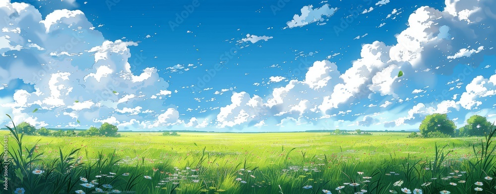 Anime Meadow with Fluffy White Clouds and Blue Sky Anime Meadow with Fluffy White Clouds and Blue Sky