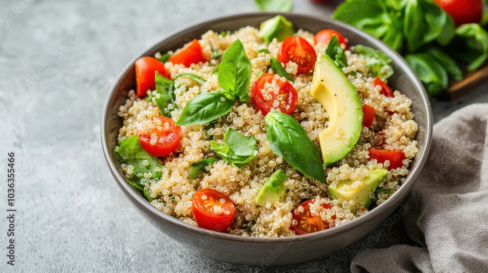 A vibrant quinoa salad with cherry tomatoes, avocado, and fresh basil, presented in a stylish bowl on a gray surface.