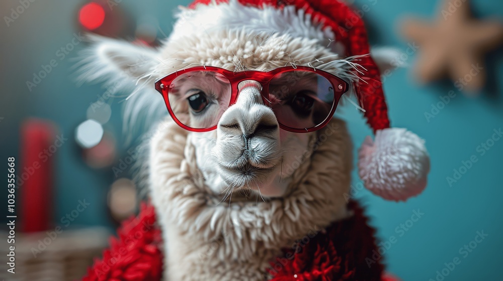 Funny Alpaca with Santa Hat and Sunglasses on Blue Background Funny Alpaca with Santa Hat and Sunglasses on Blue Background