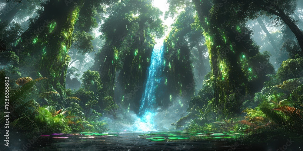 Enchanting Forest Waterfall with Sunlight Streaming Through Lush Greenery, Mystical Atmosphere, and Serene Nature Scene for Relaxation and Inspiration Enchanting Forest Waterfall with Sunlight Streaming Through Lush Greenery, Mystical Atmosphere, and Serene Nature Scene for Relaxation and Inspiration