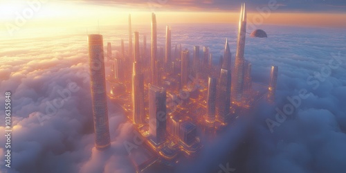 Futuristic City Skyline at Sunrise with Tall Skyscrapers Emerging Through Clouds and Sunlight in a Dreamlike Urban Landscape, Captivating Aerial View photo