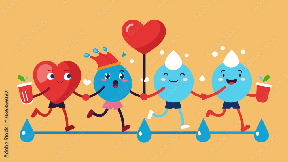 Fototapeta premium Sweat drips and hearts race as a supportive community pushes each other to reach their fitness goals.. Vector illustration