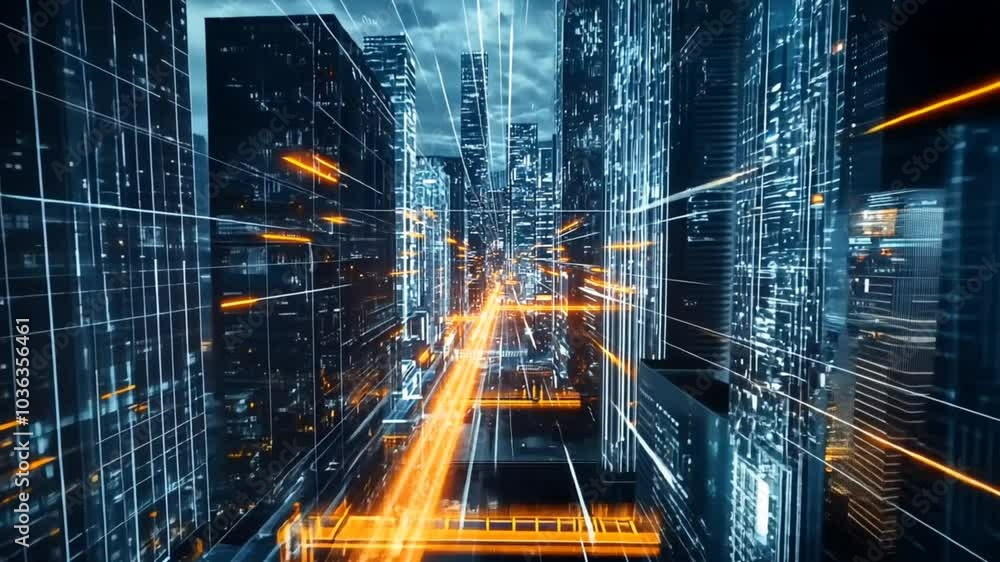 Futuristic cityscape with digital light trails and abstract lines. Futuristic cityscape with digital light trails and abstract lines.