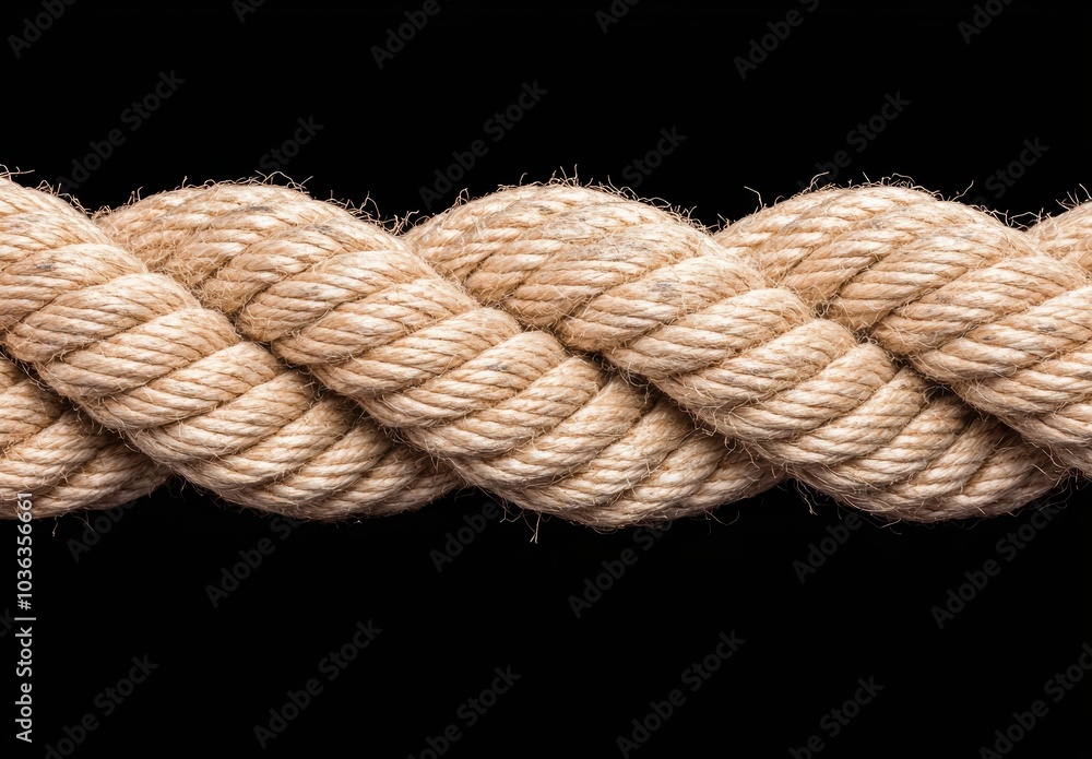 Closeup of a thick, braided rope against a dark background Closeup of a thick, braided rope against a dark background