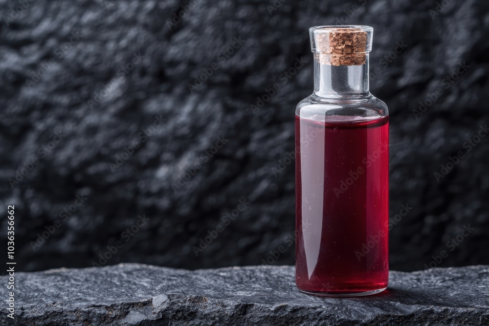Mysterious red liquid in glass bottle on dark background