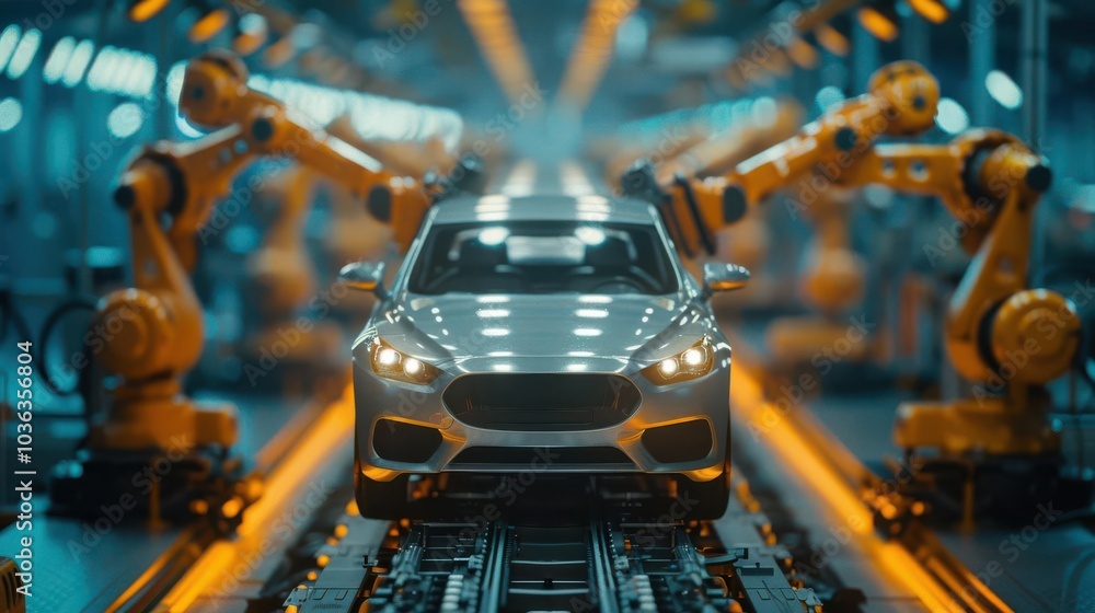 Automated car manufacturing line with robotic arms and modern vehicle assembly. Automated car manufacturing line with robotic arms and modern vehicle assembly.