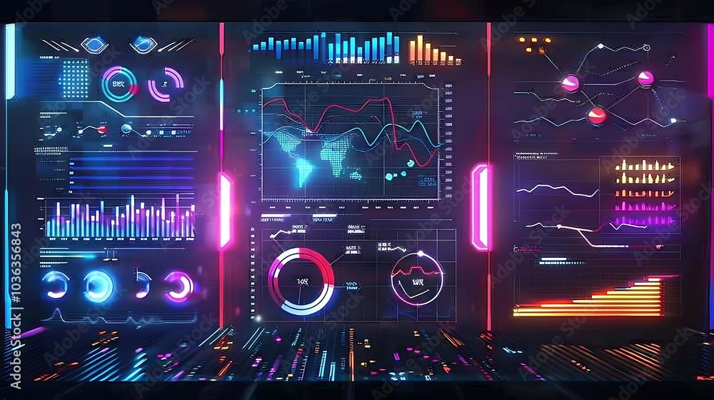 Obraz premium Futuristic data visualization dashboard displaying graphs, charts, and statistics.