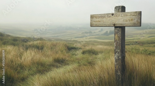 A weathered wooden signpost stands in a grassy landscape, hinting at a scenic route ahead.