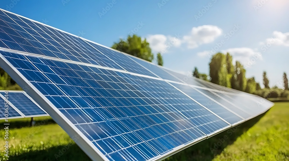 Harnessing solar energy a close-up look at modern photovoltaic solar panels under blue sky and green landscape Harnessing solar energy a close-up look at modern photovoltaic solar panels under blue sky and green landscape
