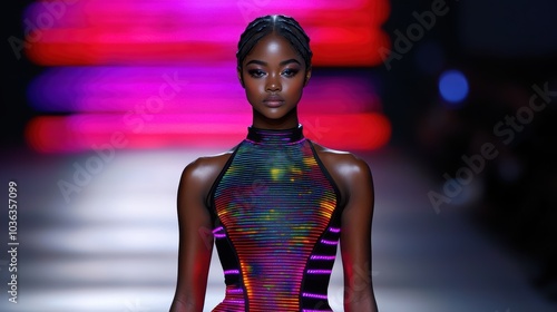 model wearing colorful futuristic fashion on stage