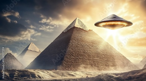 UFO Hovering over Pyramids in the Desert.