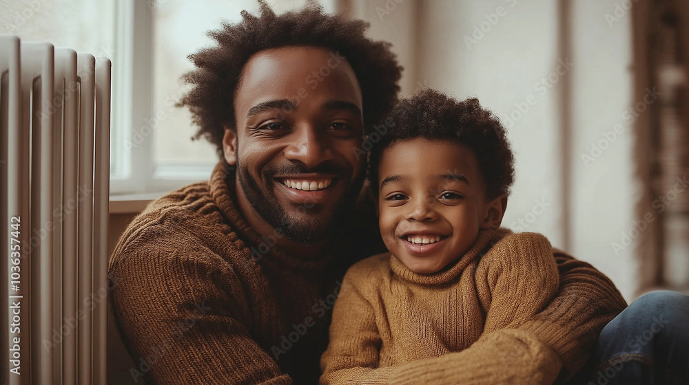 Obraz premium A smiling man and a boy sitting comfortably by a radiator, sharing a lighthearted moment together. Their happy expressions convey warmth, with plenty of space for text, making it i
