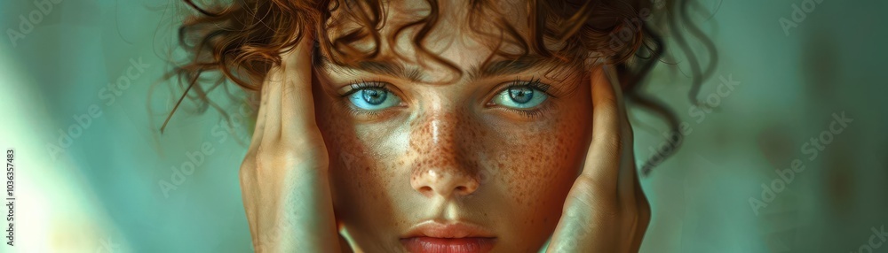 Close-up portrait of a thoughtful young person with curly hair and blue eyes. Close-up portrait of a thoughtful young person with curly hair and blue eyes.