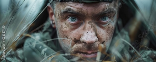 Close-up portrait of a soldier with intense gaze and camouflage face paint. photo