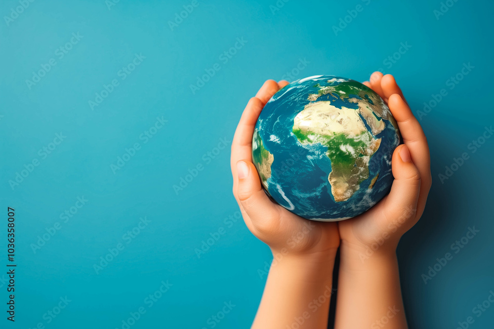 Earth globe planet in kid's tender hands against blue background with copy space. World environment day, Earth world protection concept.