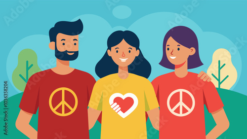 Participants wearing tshirts with a peace symbol and the words Neighbors Uniting for Peace printed on them.. Vector illustration