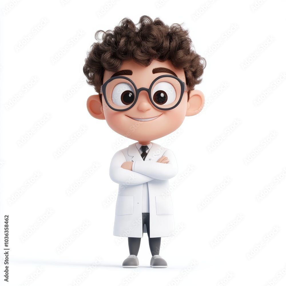 Cute 3D Cartoon Scientist Character Lab Coat Curly Hair Smiling White Background Isol Cute 3D Cartoon Scientist Character Lab Coat Curly Hair Smiling White Background Isol