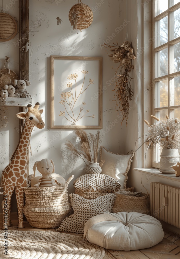 Children Room Wooden Frame Mockup with Toys and Natural Light Children Room Wooden Frame Mockup with Toys and Natural Light