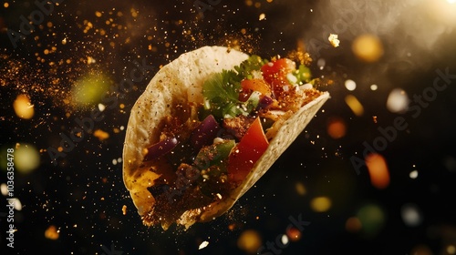 Mexican tacos flying in the air exploding with flavour and bursting with fresh ingredients